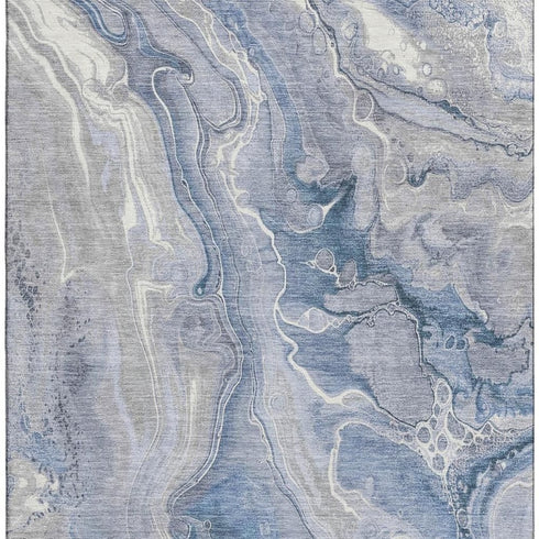 5' X 8' Denim Blue Gray And Ivory Abstract Washable Area Rug With UV Protection