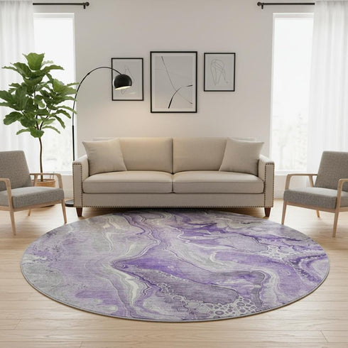 8' Purple Gray And Ivory Abstract Washable Round Rug With UV Protection