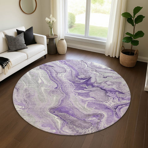 8' Purple Gray And Ivory Abstract Washable Round Rug With UV Protection