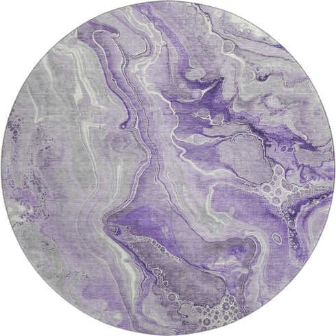 8' Purple Gray And Ivory Abstract Washable Round Rug With UV Protection