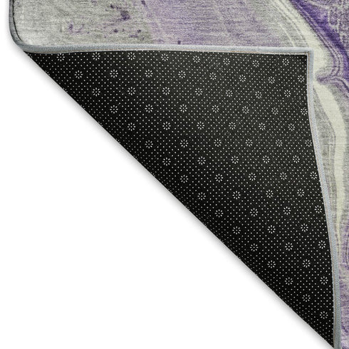8' Purple Gray And Ivory Abstract Washable Round Rug With UV Protection