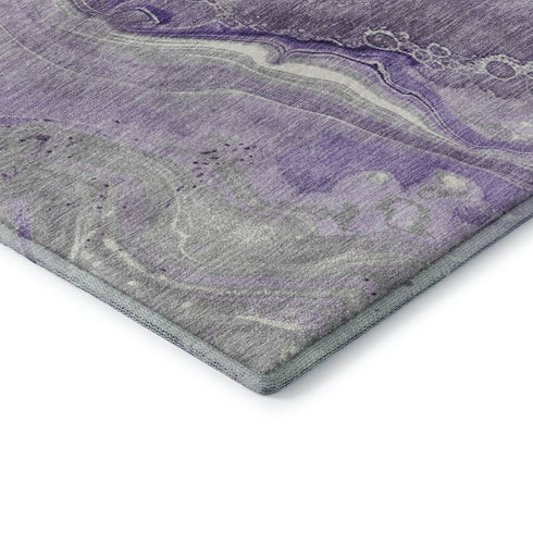 8' Purple Gray And Ivory Abstract Washable Round Rug With UV Protection