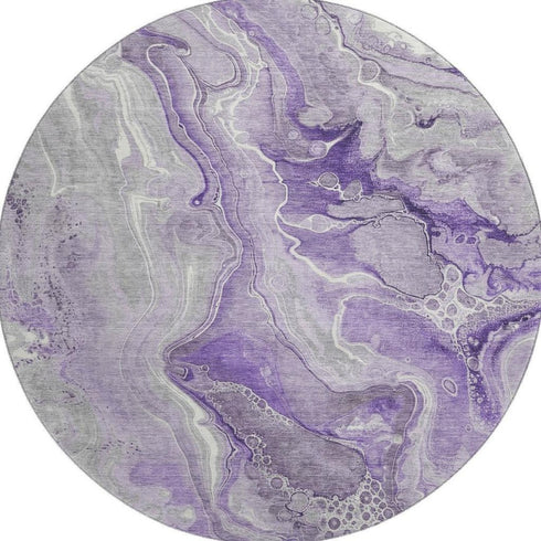 8' Purple Gray And Ivory Abstract Washable Round Rug With UV Protection
