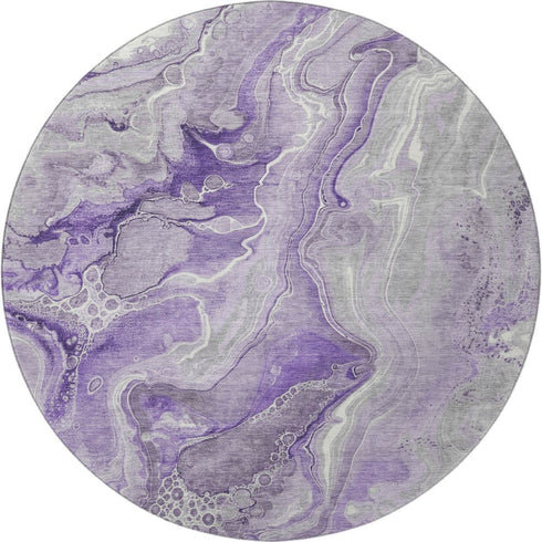 8' Purple Gray And Ivory Abstract Washable Round Rug With UV Protection