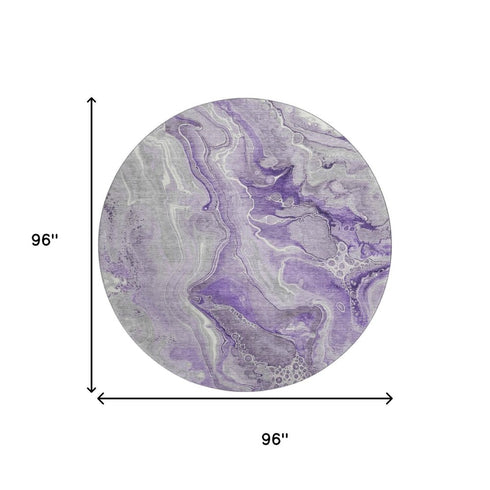 8' Purple Gray And Ivory Abstract Washable Round Rug With UV Protection