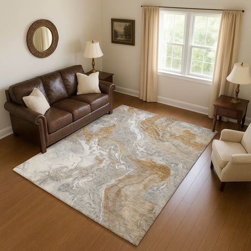 8' X 10' Graphite Beige And Ivory Abstract Washable Area Rug With UV Protection