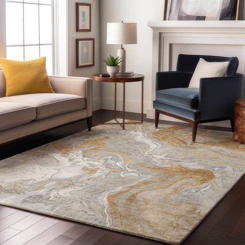 8' X 10' Graphite Beige And Ivory Abstract Washable Area Rug With UV Protection