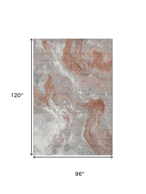 8' X 10' Salmon Gray And Ivory Abstract Washable Area Rug With UV Protection