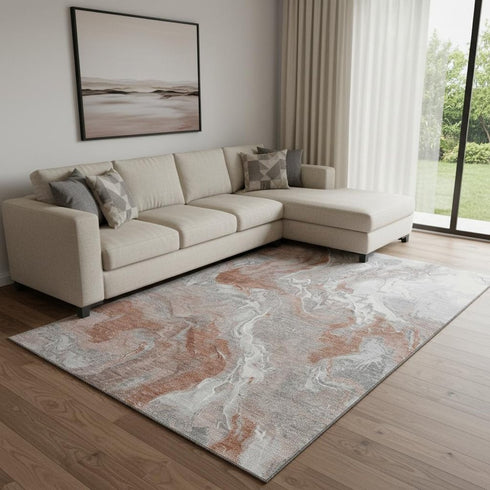 8' X 10' Salmon Gray And Ivory Abstract Washable Area Rug With UV Protection