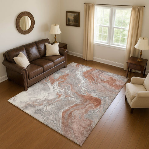 8' X 10' Salmon Gray And Ivory Abstract Washable Area Rug With UV Protection