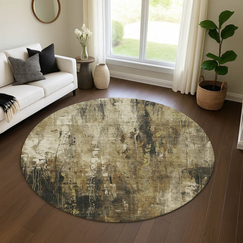8' Beige Charcoal And Ivory Abstract Washable Round Rug With UV Protection