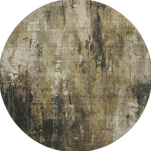 8' Beige Charcoal And Ivory Abstract Washable Round Rug With UV Protection