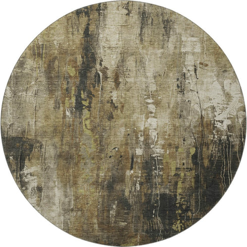 8' Beige Charcoal And Ivory Abstract Washable Round Rug With UV Protection
