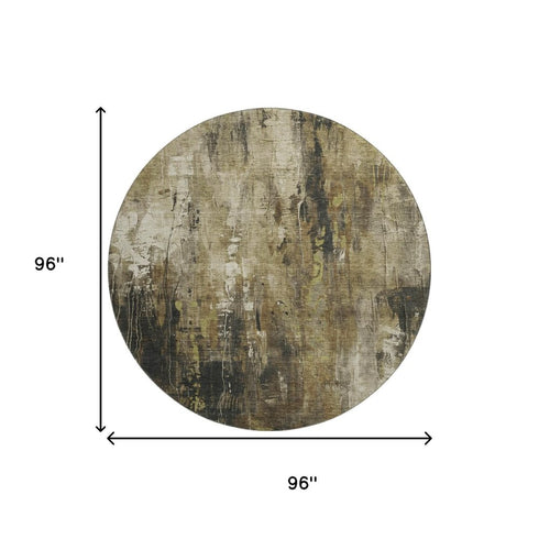 8' Beige Charcoal And Ivory Abstract Washable Round Rug With UV Protection