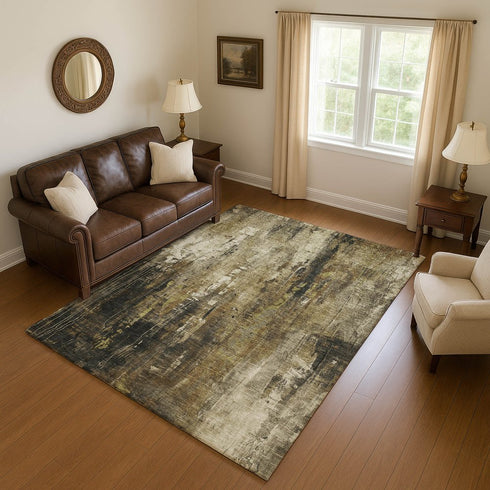 9' X 12' Beige Charcoal And Ivory Abstract Washable Area Rug With UV Protection