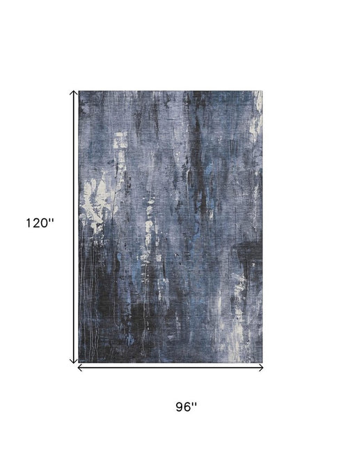 8' X 10' Blue Charcoal And Ivory Abstract Washable Area Rug With UV Protection