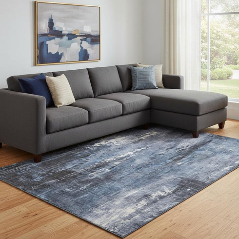 8' X 10' Blue Charcoal And Ivory Abstract Washable Area Rug With UV Protection