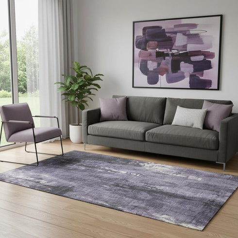 5' X 8' Purple Charcoal And Ivory Abstract Washable Area Rug With UV Protection