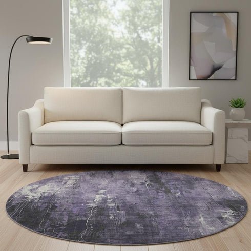 8' Purple Charcoal And Ivory Abstract Washable Round Rug With UV Protection