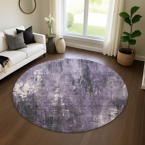8' Purple Charcoal And Ivory Abstract Washable Round Rug With UV Protection