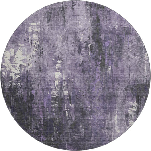 8' Purple Charcoal And Ivory Abstract Washable Round Rug With UV Protection