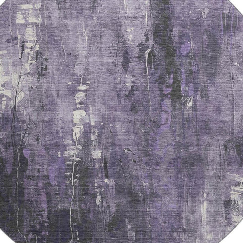 8' Purple Charcoal And Ivory Abstract Washable Round Rug With UV Protection