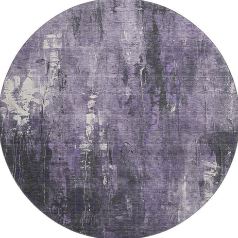 8' Purple Charcoal And Ivory Abstract Washable Round Rug With UV Protection