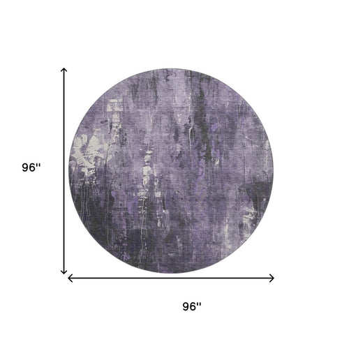 8' Purple Charcoal And Ivory Abstract Washable Round Rug With UV Protection