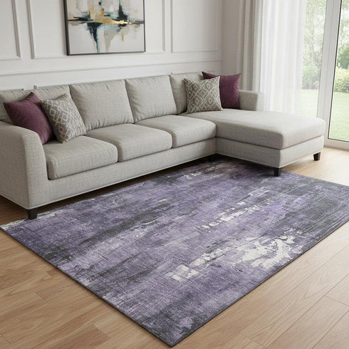 8' X 10' Purple Charcoal And Ivory Abstract Washable Area Rug With UV Protection