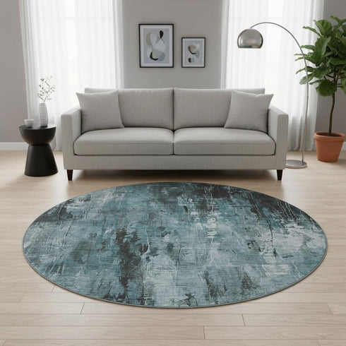 8' Teal Charcoal And Ivory Abstract Washable Round Rug With UV Protection