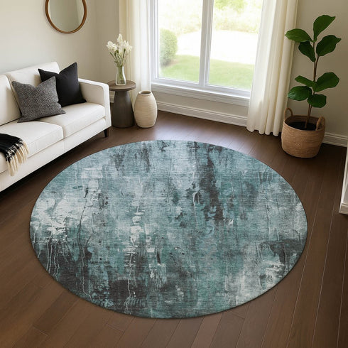 8' Teal Charcoal And Ivory Abstract Washable Round Rug With UV Protection