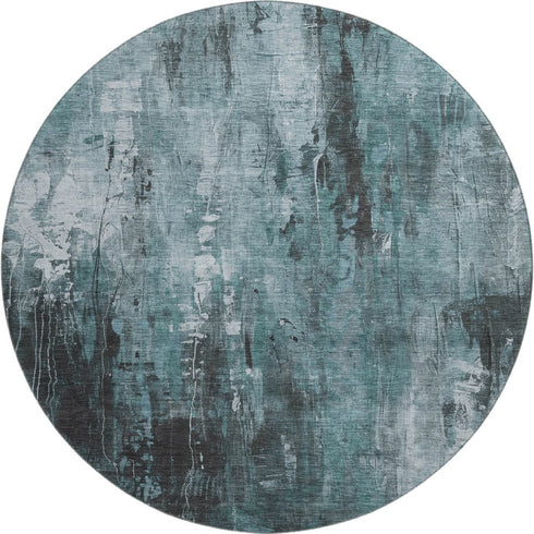 8' Teal Charcoal And Ivory Abstract Washable Round Rug With UV Protection