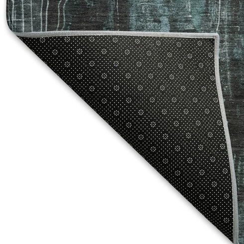 8' Teal Charcoal And Ivory Abstract Washable Round Rug With UV Protection