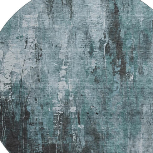 8' Teal Charcoal And Ivory Abstract Washable Round Rug With UV Protection