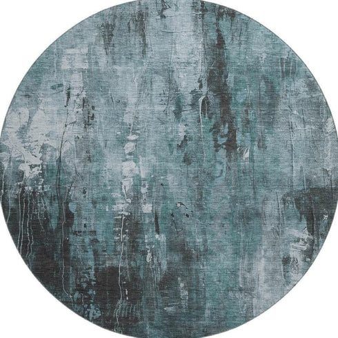 8' Teal Charcoal And Ivory Abstract Washable Round Rug With UV Protection