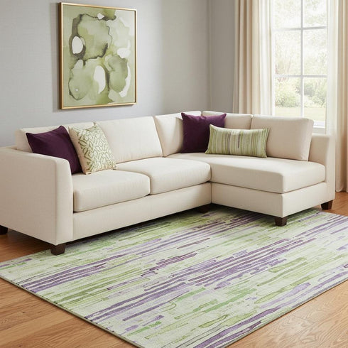 8' X 10' Artichoke Green Lavender And Ivory Striped Washable Area Rug With UV Protection