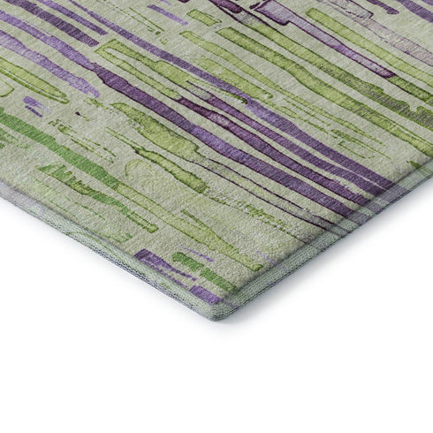 8' X 10' Artichoke Green Lavender And Ivory Striped Washable Area Rug With UV Protection