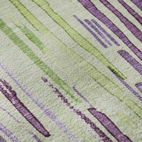 8' X 10' Artichoke Green Lavender And Ivory Striped Washable Area Rug With UV Protection