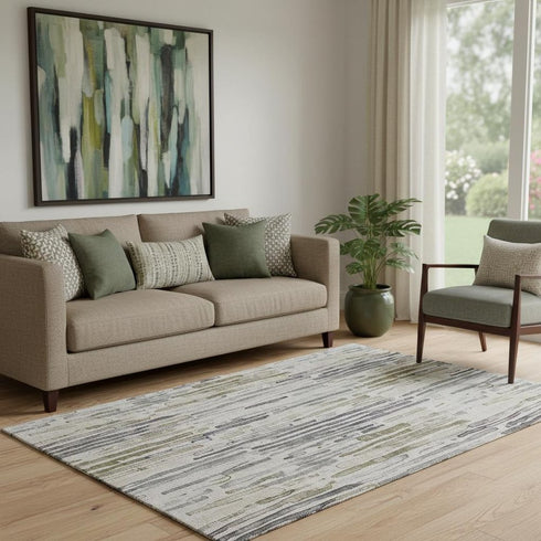 5' X 8' Beige Tan And Silver Striped Washable Area Rug With UV Protection