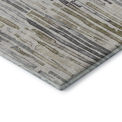 5' X 8' Beige Tan And Silver Striped Washable Area Rug With UV Protection