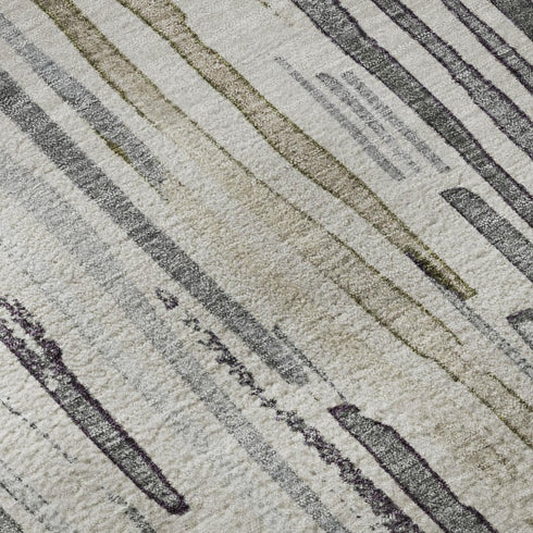 5' X 8' Beige Tan And Silver Striped Washable Area Rug With UV Protection