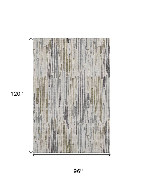 8' X 10' Beige Tan And Silver Striped Washable Area Rug With UV Protection
