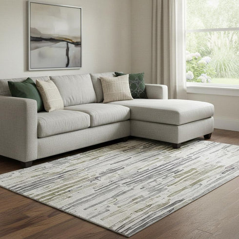 8' X 10' Beige Tan And Silver Striped Washable Area Rug With UV Protection