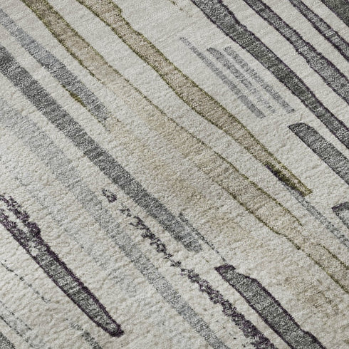 8' X 10' Beige Tan And Silver Striped Washable Area Rug With UV Protection