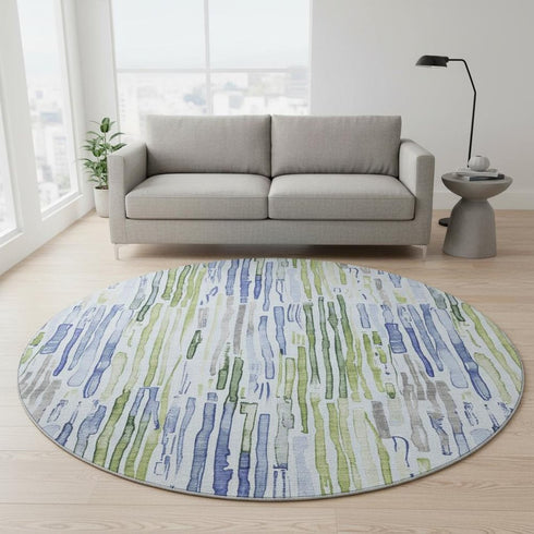 8' Sky Blue Green And Ivory Striped Washable Round Rug With UV Protection