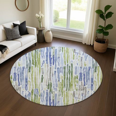 8' Sky Blue Green And Ivory Striped Washable Round Rug With UV Protection