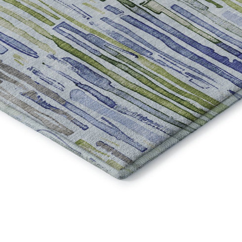 8' Sky Blue Green And Ivory Striped Washable Round Rug With UV Protection