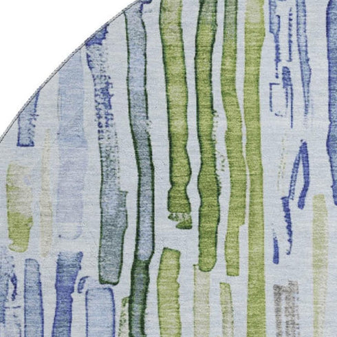 8' Sky Blue Green And Ivory Striped Washable Round Rug With UV Protection