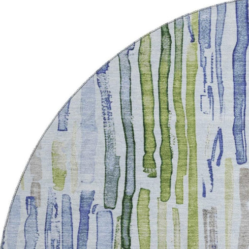 8' Sky Blue Green And Ivory Striped Washable Round Rug With UV Protection