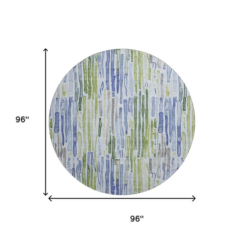8' Sky Blue Green And Ivory Striped Washable Round Rug With UV Protection